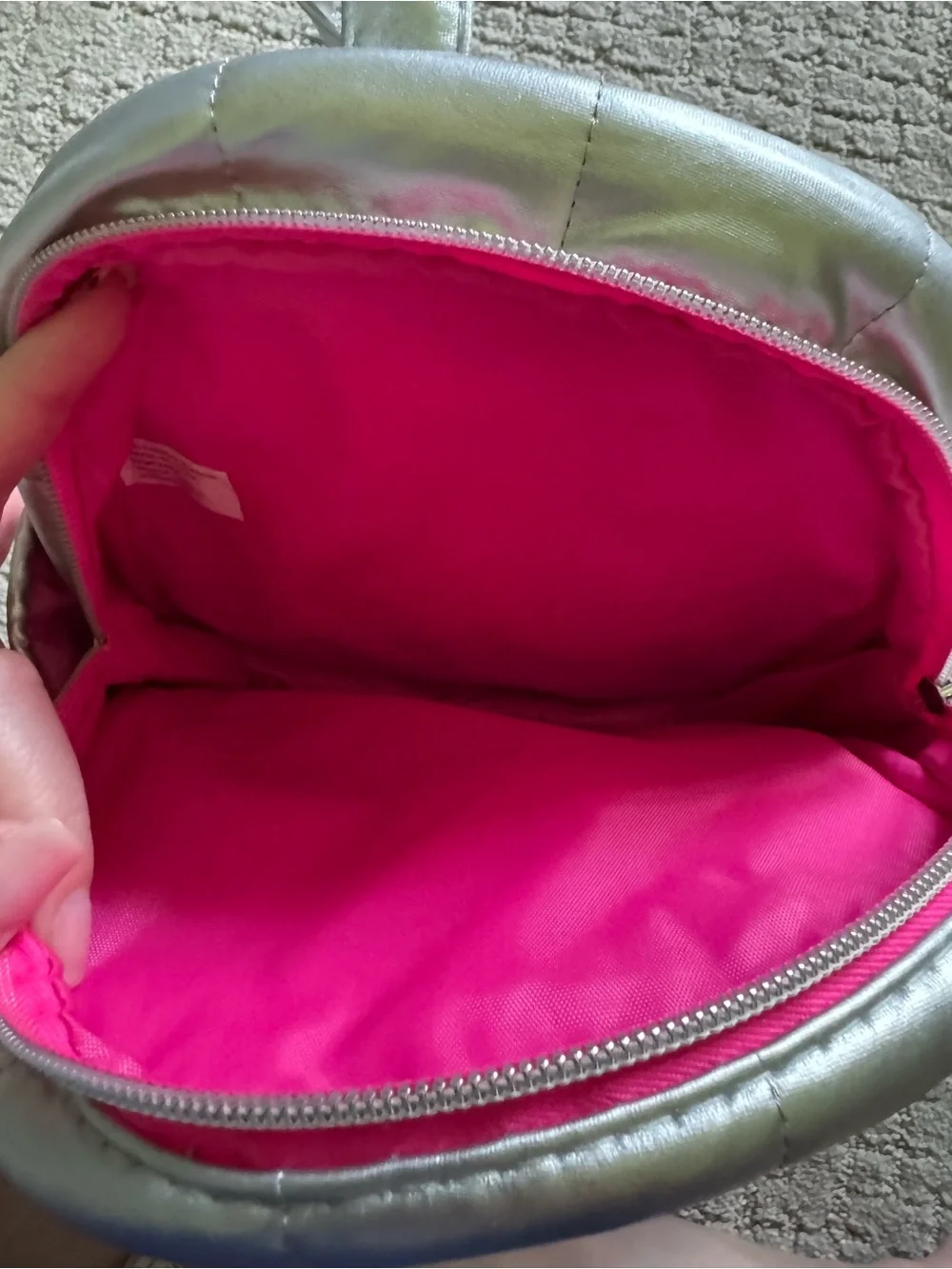Silver Kids Mini Backpack with Rainbow Front Pocket NWOT Colorful Sparkly Shiny